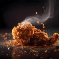 Fried chicken on a black background with smoke. Selective focus., Image photo