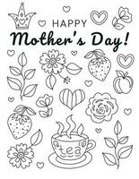 Happy Mother's day. Hand drawn coloring pages for kids and adults. Beautiful drawings with patterns and details. Spring coloring book pictures with blooming branches, flowers, smile, stickers, quotes vector