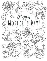 Happy Mother's day. Hand drawn coloring pages for kids and adults. Beautiful drawings with patterns and details. Spring coloring book pictures with blooming branches, flowers, smile, stickers, quotes vector