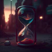 Hourglass with sand on the background of the night city. 3D rendering, Image photo