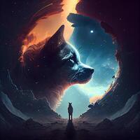 Silhouette of a man with a dog in a surreal space., Image photo