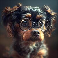 Portrait of a dog with glasses on a dark background. Digital painting., Image photo