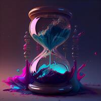 Hourglass with colorful splashes on dark background. 3D rendering, Image photo