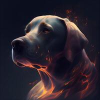 Labrador Retriever in fire. Digital painting on a black background., Image photo