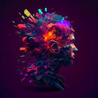 3D rendering of a human head with a colorful explosion background., Image photo