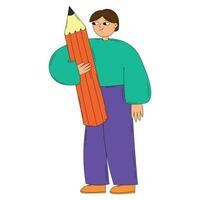 Flat Vector Illustration of Standing Student with Pencil. Cartoon Cute Style Person Illustration