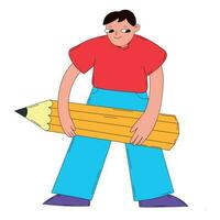 Young Person Holding Large Pencil. Flat Cartoon Illustration of Character with Pencil. Drawing, Education, Writing, Creating, Design, Blogging Concept vector