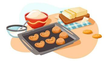 Buns and cookies on a baking sheet. Baking Ingredients. Homemade cakes. Cartoon flat vector illustration.