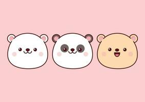 Set of panda and bear heads in kawaii style vector