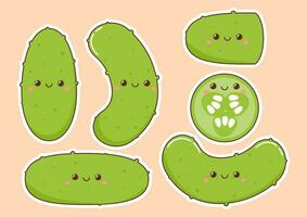 Set of different green kawaii cucumbers vector