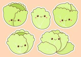 Set of different cabbage in kawaii style vector