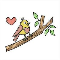 Vector isolated color illustration with black outline of a bird on a tree branch spring, easter theme.