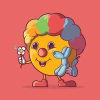 An Emoji character dressed as a clown holding a balloon vector illustration. Funny, imaginative, and sharing design concepts.