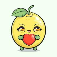 Cute funny lemon fruit with heart in hand. Vector hand drawn cartoon kawaii character illustration icon. Isolated on green background. Lemon character concept