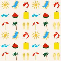 Seamless pattern with summer symbol illustration in cutting style sun palm suitcase watermelon vector