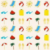 Seamless pattern with summer symbol illustration in cutting style sun palm suitcase watermelon vector
