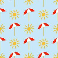 Seamless pattern with sun and umbrella illustration in cutting style on blue vector