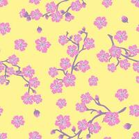 Seamless pattern of pink sakura flowerson on a yellow background. vector