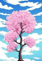 Blooming sakura tree against a blue sky with clouds. vector