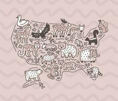 Animals of USA on map. Doodle style illustration. Outline sketch. vector