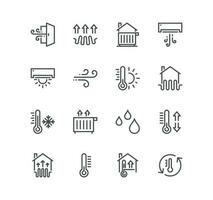 Set of house heating related icons, heat supply, heating boiler, water heater, gas and electric heating and linear variety vectors. vector