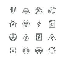 Set of energy types related icons, power station, solar cells, fossil fuels, renewable, turbine, ecology, lightning and linear variety vectors. vector