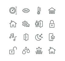 Set of smart house related icons, camera, lock, settings, fan control, power, management, garage and linear variety vectors. vector