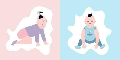 Cute baby cards for he or she party. Vector toddlers pink and blue  illustration for shower baby.