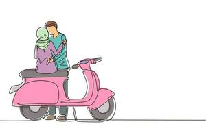 dibujo de una sola línea vista trasera pareja árabe en cita al aire libre, novia y novio con motocicleta, relación amorosa. viaje romántico por carretera. ilustración de vector gráfico de diseño de línea continua