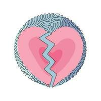 Single continuous line drawing love shape broken in two. Emoji of heartbreak, broken heart or divorce icon. Swirl curl circle background style. Dynamic one line draw graphic design vector illustration