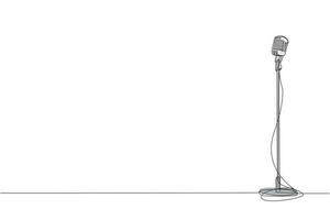 Single continuous line drawing vintage microphone isolated on white background. Old technology stand microphone for singer at classic musical show. One line draw graphic design vector illustration