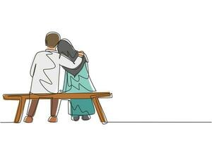 Continuous one line drawing back view romantic Arab couple chatting and hugging while sitting on bench. Couple getting ready for wedding. Engagement and love relation. Single line draw vector graphic