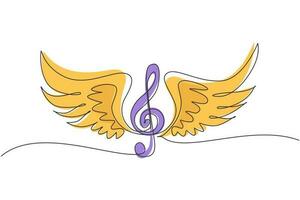 Continuous one line drawing treble clefs with wings isolated on white background. Winged feather violin clef or music symbol. Musical logo icon. Single line draw design vector graphic illustration