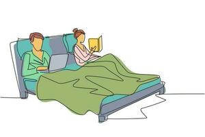 Single continuous line drawing couple spending time in bed with comfortable mattress before falling asleep. Man with laptop, surfing internet. Woman, reading bedside book. One line draw graphic vector