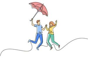 Continuous one line drawing couple in love walking under rain with umbrella. Man and woman walking along city street and jumping. Married couple romantic relationship. Single line draw design vector