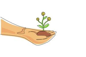 Continuous one line drawing close up image of human hands holding sprout of money tree. Concept of earnings, success in work, money, and investment. Single line draw design vector graphic illustration