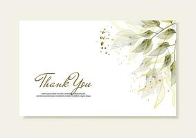 Thank you card with vector watercolor green leaves and golden branches. Vector template.