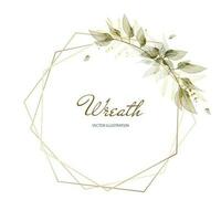Geometric wreath of gold lines with green watercolor leaves. Vector illustration for wedding invitations, business cards, postcards