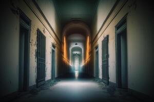 A long corridor in the old prison. A gloomy interior with shabby walls. A dilapidated, abandoned building, a dreadful, hopeless backdrop. photo