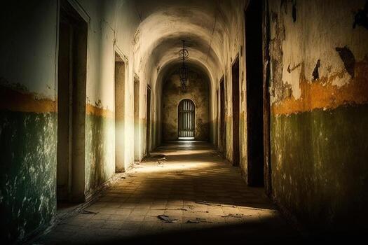 A long corridor in the old prison. A gloomy interior with shabby walls. A dilapidated, abandoned building, a dreadful, hopeless backdrop. photo