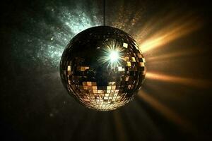 Disco ball on a dark background. Mirror ball with sparks of light, abstract party background. Generated by AI. photo