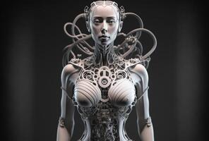 Mechanical android girl, a tangle of wires and technical elements. Humanoid robot woman, complex sci-fi model. White cyberpunk character on dark background. . photo