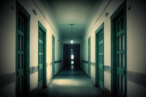 A long corridor in the old prison. A gloomy interior with shabby walls. A dilapidated, abandoned building, a dreadful, hopeless backdrop. photo