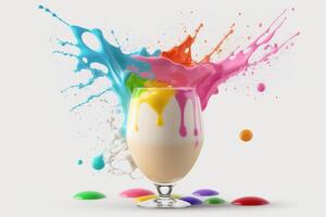 Splash multicolored ice cream in a glass bowl. Splash and drops of cream, milkshake. Abstract illustration of pastel colors on a white background. . photo