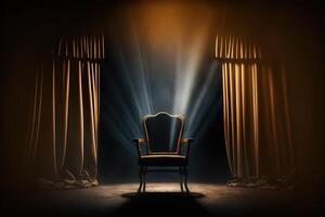 An office chair in a beam of studio light in the middle of a dark room, a cinematic scene. Free vacancy concept, leadership, ideal candidate. . photo