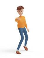 3D young positive man pointing in the direction. Portrait of a funny cartoon guy in casual clothes, sweater and jeans. Minimalistic stylized character. 3D illustration on white background. photo