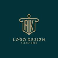 AK monogram initial logo design with shield and pillar shape style vector