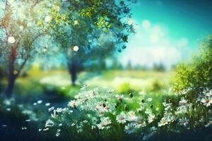 A beautiful spring blurred background. Summer landscape blooming meadow, bright green grass, daisies, colorful flowers. Flowering trees but a background of blue sky with clouds. photo