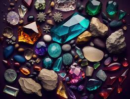 Beautiful collection of crystals and gemstones and minerals on a dark background. Luxury background, stone quartz, glass prism, amber, agate, carnelian, amethyst, nuggets. . photo