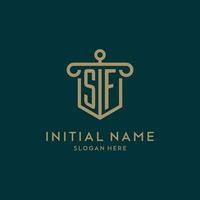 SF monogram initial logo design with shield and pillar shape style vector